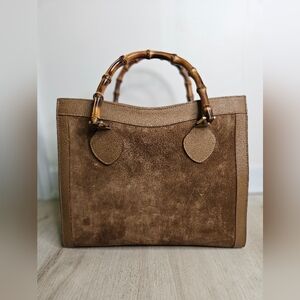 GUCCI Vintage Diana Bamboo Tote Bag Brown Suede/ Leather